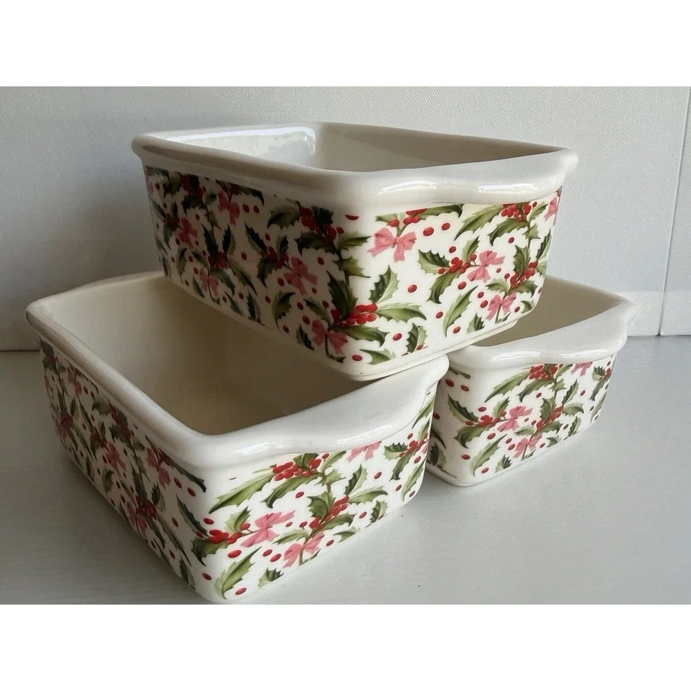 Set of 3 Christmas Mini Loaf Pans Holly Ceramic Oven Safe Baking Dish Gift New